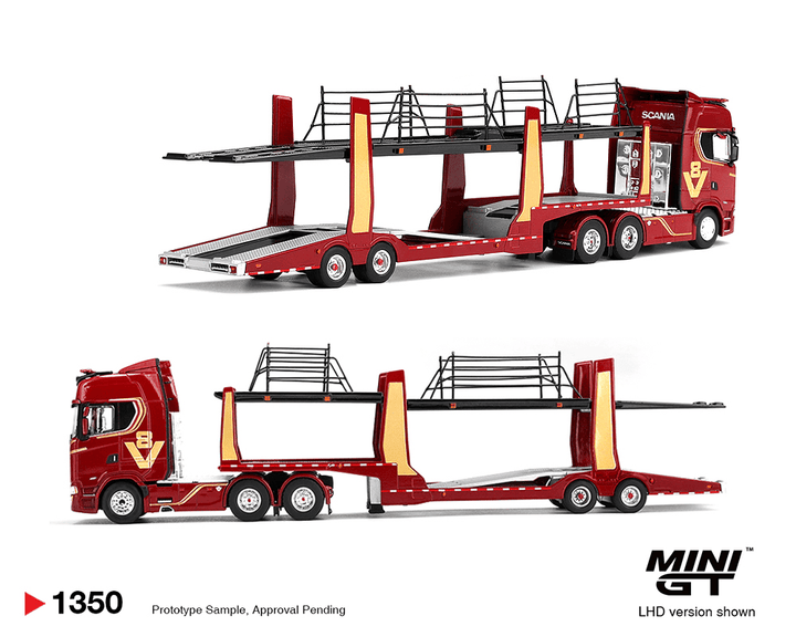 *Pre-Order* Mini GT - Scania 770S A6x4NA Car Transporter V8 50th anniversary + Car transporter – Red – Limited Edition - Top CollectiblesDiecastMini GT