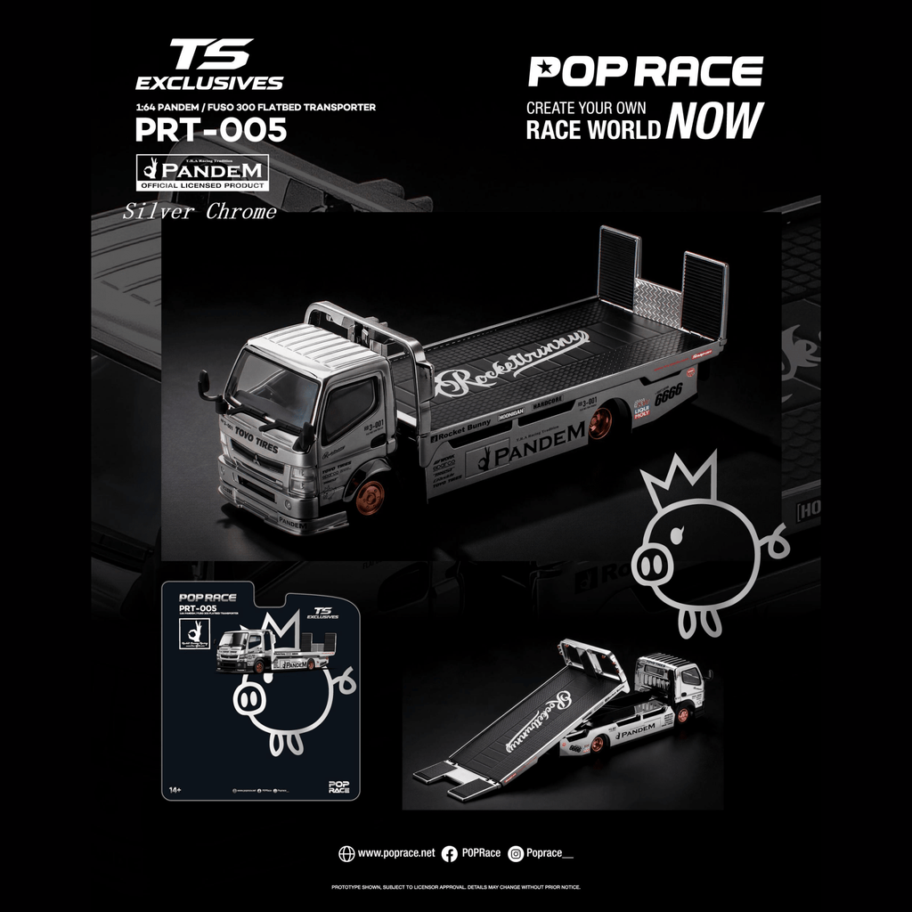 POP RACE XCART OYS PANDEM FUSO-300積載車 Pre-Order* Pop Race - PANDEM Fuso 300 Flatbed Transporter - Silver