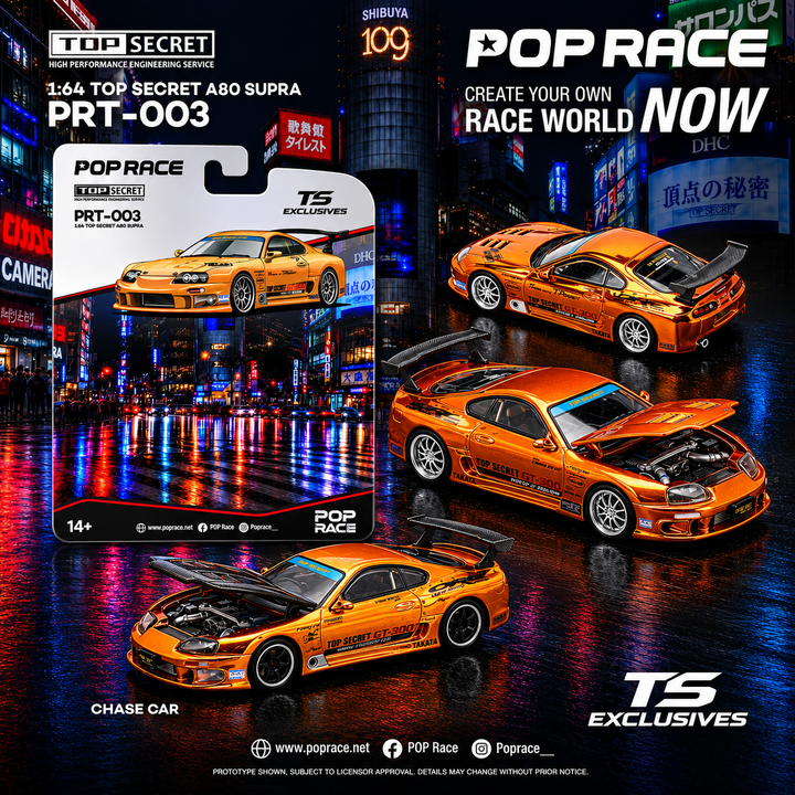 *Pre - Order* Pop Race - Top Secret Supra A80 GT300 - Orange Chrome *TS Exclusive Edition* - Top CollectiblesDiecastPop Race
