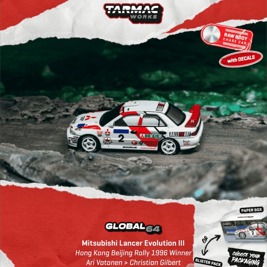 *Pre-Order* Tarmac Works - Mitsubishi Lancer Evolution III Hong Kong Beijing Rally 1996 Winner - Global64 Series - Top CollectiblesDiecastTarmac Works