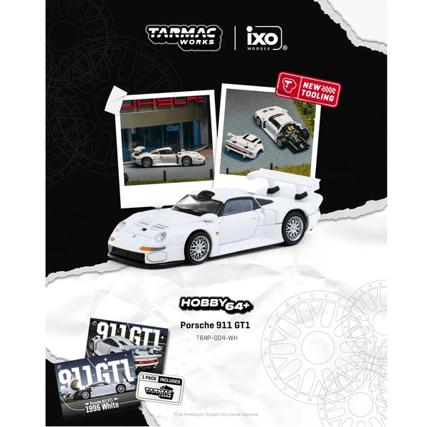 *Pre - Order* Tarmac Works - Porsche 911 GT1 White + Trading Cards Combo Set - Hobby64+ Series - Top CollectiblesDiecastTarmac Works