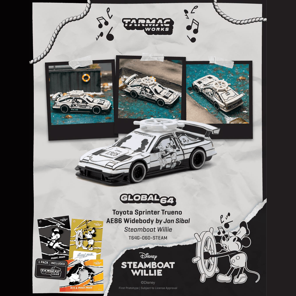 *Pre-Order* Tarmac Works - Toyota Sprinter Trueno AE86 Widebody by Jon Sibal Mickey & Friends Steamboat Willie - Model Car + Tarmac Cards Combo Set - Top CollectiblesDiecastTarmac Works