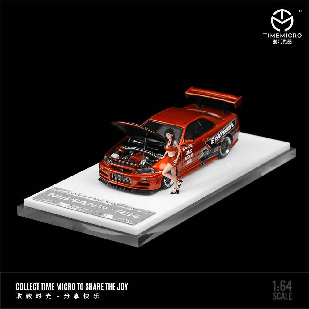 Time Micro - Nissan Skyline GT - R (R34) Z - Tune "Need for Speed" - Japanese Orange w/ Figure - Top CollectiblesDiecastTime Micro