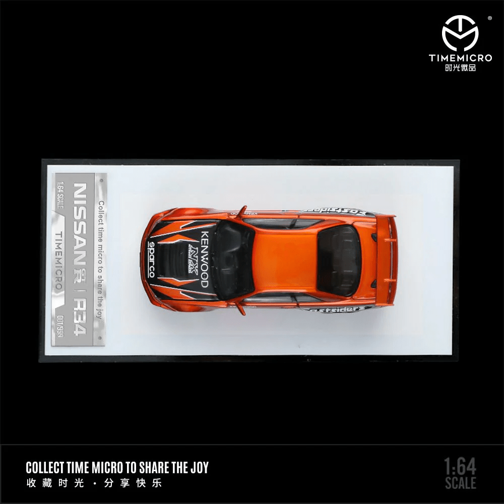 Time Micro - Nissan Skyline GT - R (R34) Z - Tune "Need for Speed" - Japanese Orange w/ Figure - Top CollectiblesDiecastTime Micro
